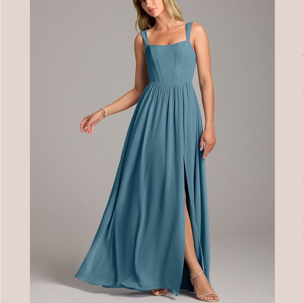 Azazie Rosalina Teal Blue Maxi Dress with Square Neck and Side Slit